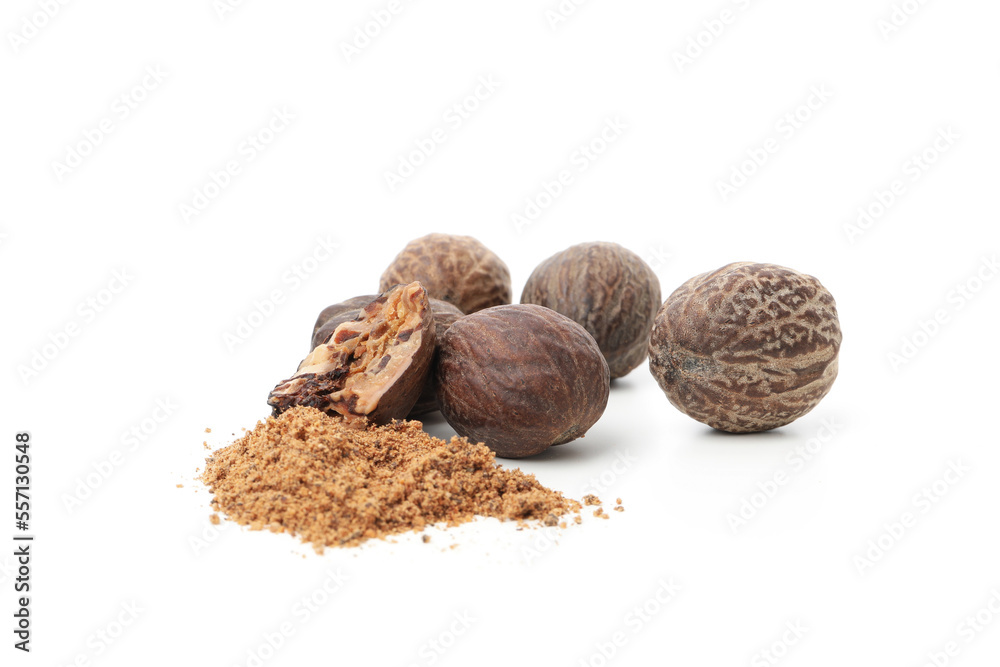 Concept of spices and condiments, nutmegs, isolated on white background Concept of spices and condiments, nutmegs, isolated on white background