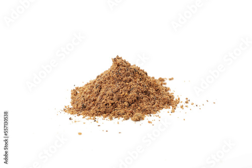 Concept of spices and condiments, nutmeg powder, isolated on white background