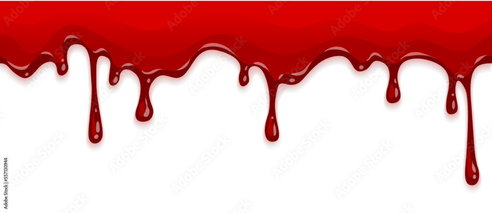 Bloody red liquid flow with drops. Frightful decoration of Halloween blood. Seamless pattern. Isolated on white transparent background. Vector illustration
