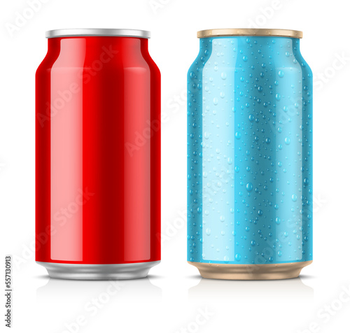 Tin beer can mockup with water drops condensation on the surface. Blank empty label. Isolated white background. Vector illustration