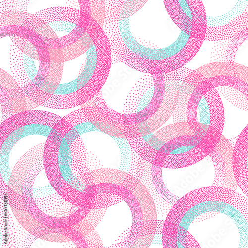 Circle ring shapes of dots contemporary vector seamless pattern.