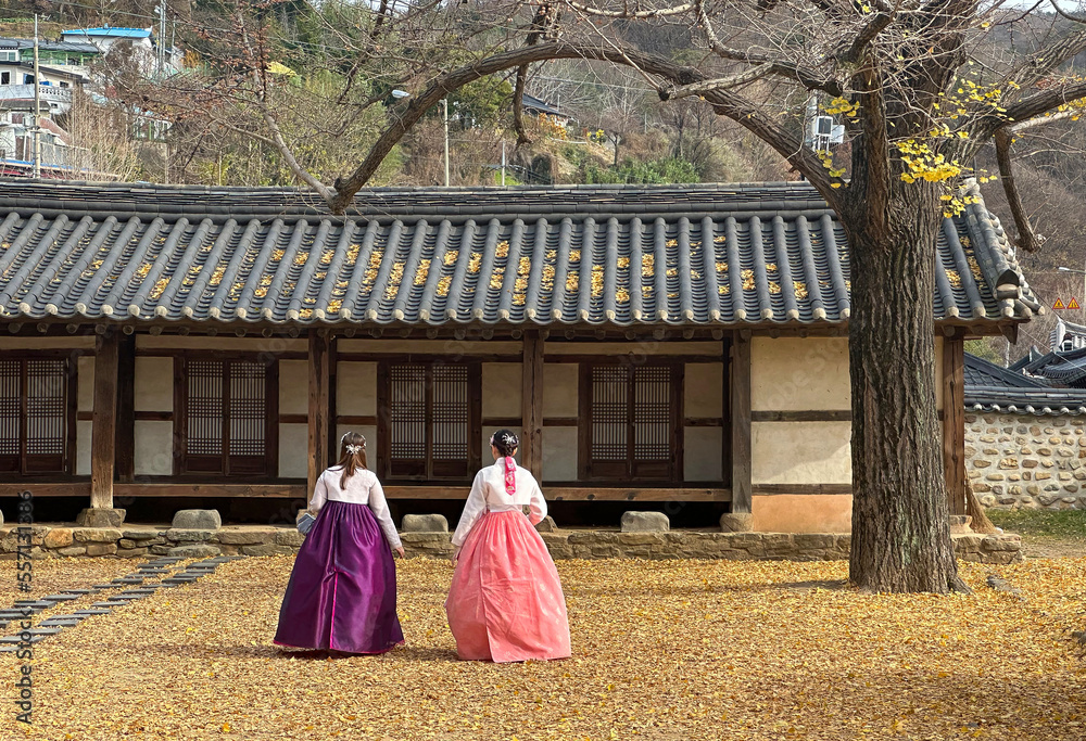 Φωτογραφία Two Korean women wearing hanbok at Jeonjuhyanggyo Local Confucian School in Jeonju, South Korea