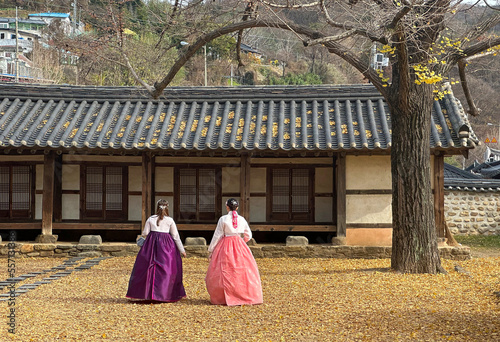 Two Korean women wearing hanbok at Jeonjuhyanggyo Local Confucian School in Jeonju, South Korea.