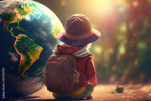 illustration of cute kid boy or girl with big earth planet balloon, idea for environment reservation, save the world today for future of your children	