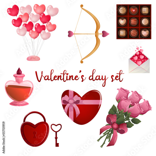Set of cartoon vector stickers and illustrations for planner and diary, scrapbooking design elements for Valentine's day: balloons, chocolate, love letter, lock with key, bouquet of roses, arrow, bow