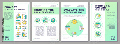 Project scheduling stages green brochure template. Leaflet design with linear icons. Editable 4 vector layouts for presentation, annual reports. Arial, Myriad Pro-Regular fonts used