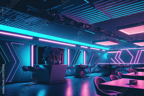 Empty dark industrial retro bar interior room backdrop with pink and blue neon lights and copy space  Generative AI 