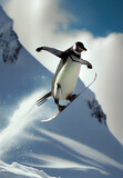 An imaginary penguin doing snow boarding