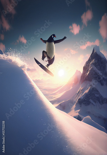 An imaginary penguin doing snow boarding
