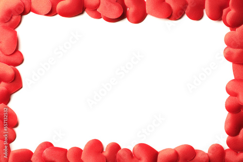red hearts from above on pure white background framing the entire rectangular image