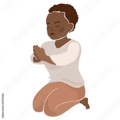 Praying black african child boy vector concept illustration.African american little boy with hands folded in prayer,praying kneeling modern flat illustration,cartoon style