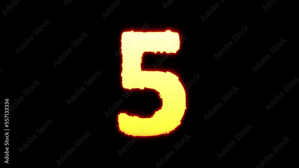 number 5, yellow and orange glowing animated distorted font, isolated - loop video number 5, yellow and orange glowing animated distorted font, isolated - loop video