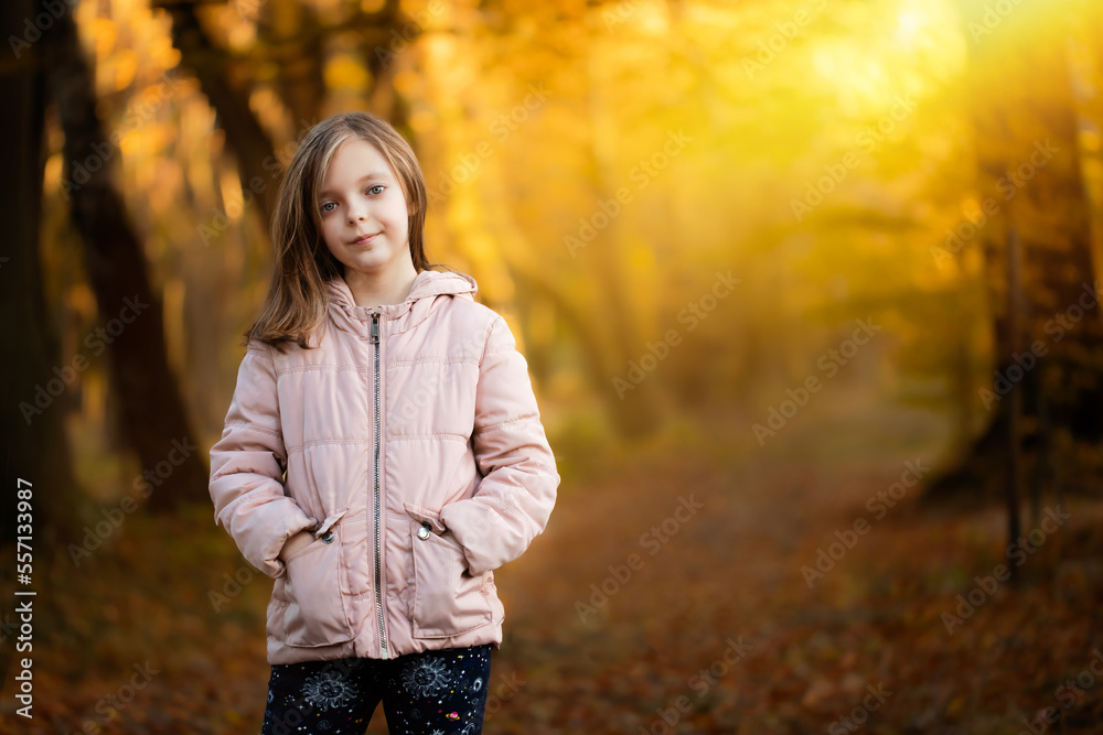 smiling little girl on the background of the autumn forest smiling little girl on the background of the autumn forest