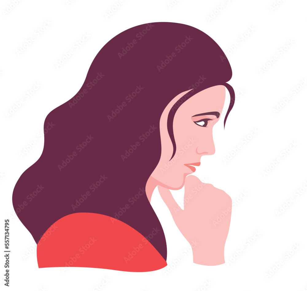 Girl in deep thought. Beautiful young woman with sad preoccupied face is thinking tensely about vector something
