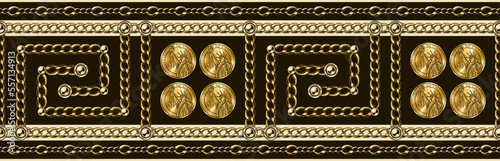 Horizontal borders with ancient meander pattern, gold chains, one dollar coins. Greek roman classical pattern.