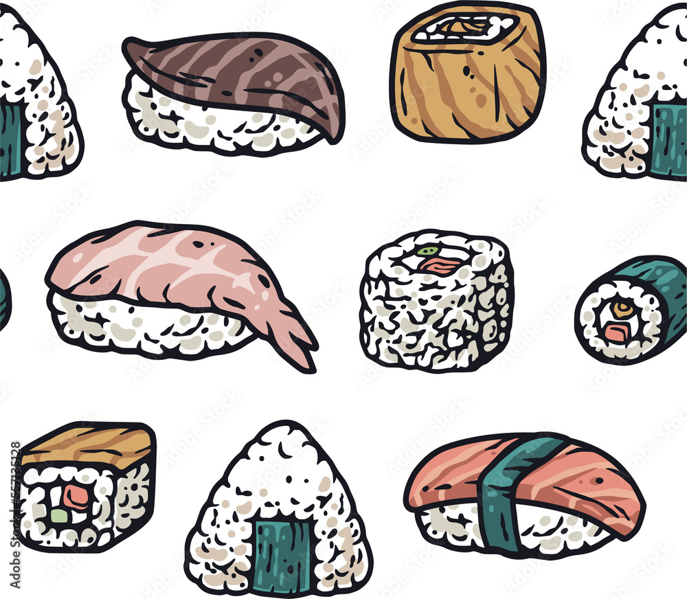 Sushi seamless pattern or japanese seafood backgroundor. Asian food or chinese rolls with salmon, nori. Sushi seamless pattern or japanese seafood backgroundor. Asian food or chinese rolls with salmon, nori.