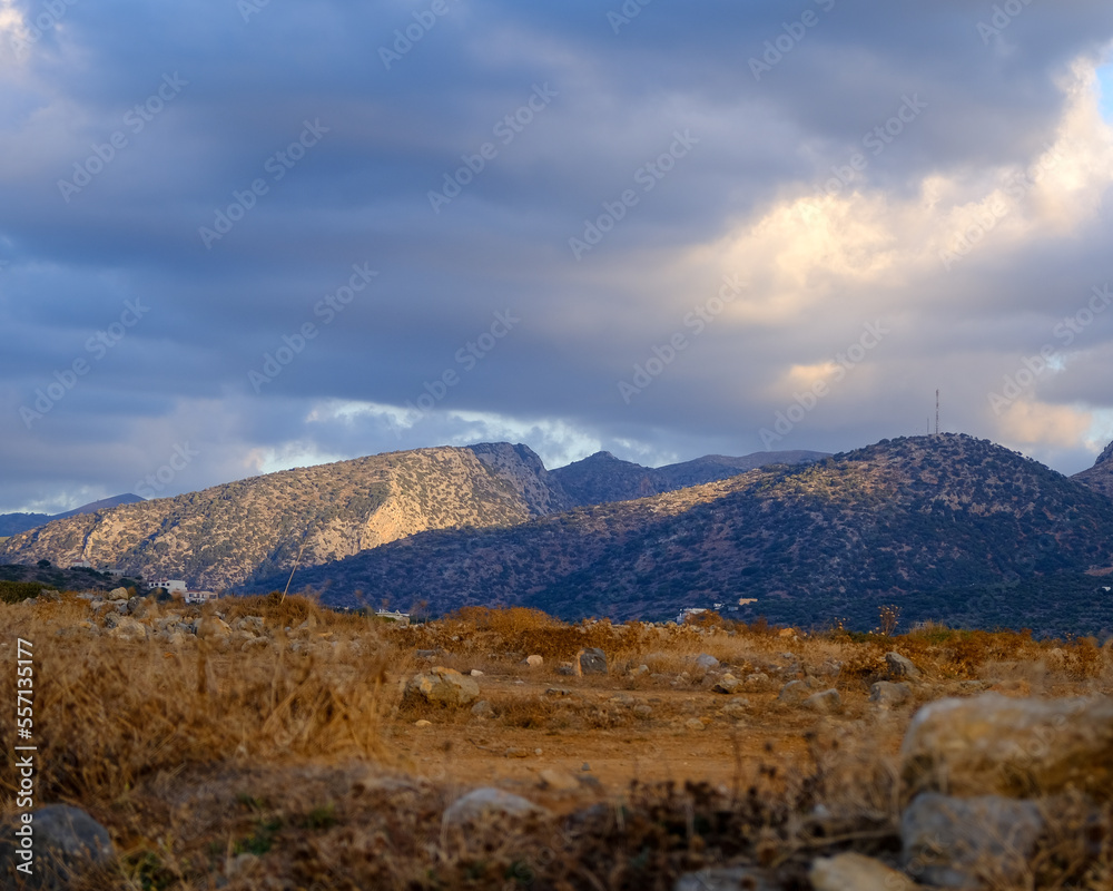 View to mountains at golden hour at Crete