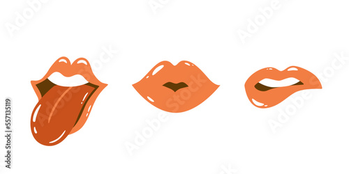 Pink lips set isolated element. Kisses for valentines day, wedding, date, romantic collection. Cartoon open mouth with tongue funny vector illustration. Open lips with teeth. French woman lip, kisses.