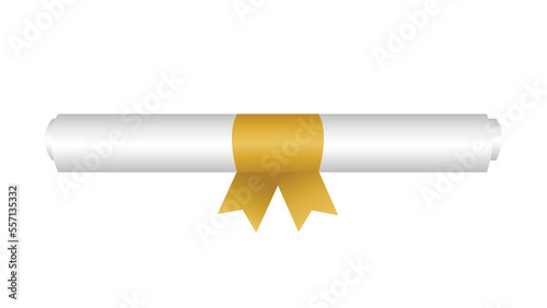 Rolled up award sheet with gold ribbon. Certificate of education and successful completion of college and holiday scroll ceremonial vector greetings