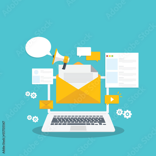 Digital email marketing. Reaching online audience with email marketing campaign, newsletter subscription. Sending marketing messages via email. Vector illustration