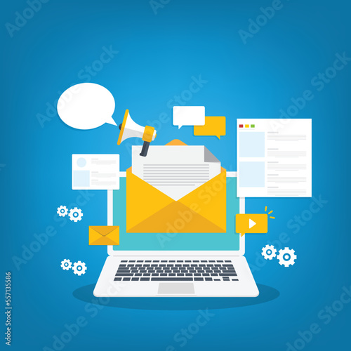 Fototapeta Naklejka Na Ścianę i Meble -  Digital email marketing. Reaching online audience with email marketing campaign, newsletter subscription. Sending marketing messages via email. Vector illustration