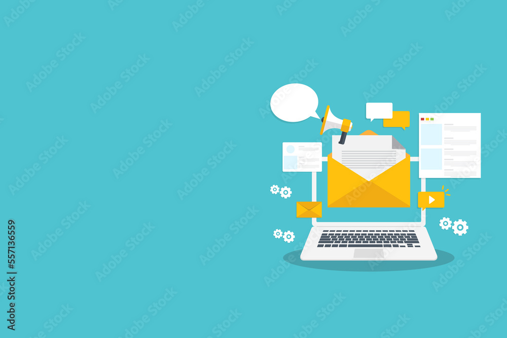 Digital email marketing. Reaching online audience with email marketing campaign, newsletter subscription. Sending marketing messages via email.