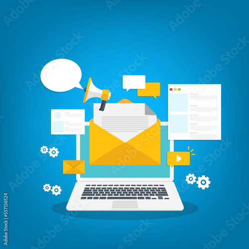 Fototapeta Naklejka Na Ścianę i Meble -  Digital email marketing. Reaching online audience with email marketing campaign, newsletter subscription. Sending marketing messages via email.