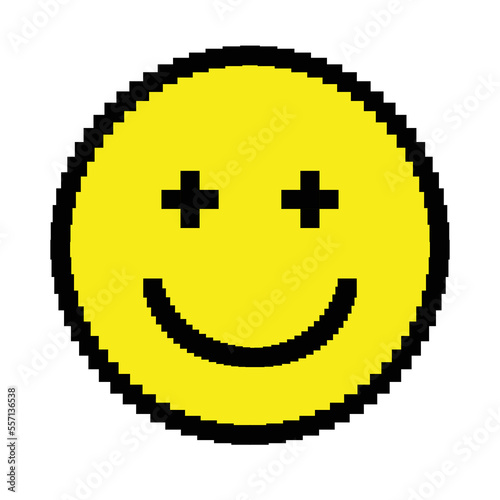 Smiling pixelated emoticon icon. Round cheerful character with crosses instead of eyes for computer games and digital vector presentation