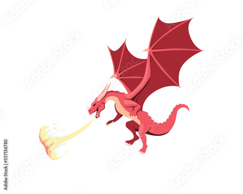 Red dragon breathes fire. Mythical winged beast with ferocious attack temper from fantasy vector stories