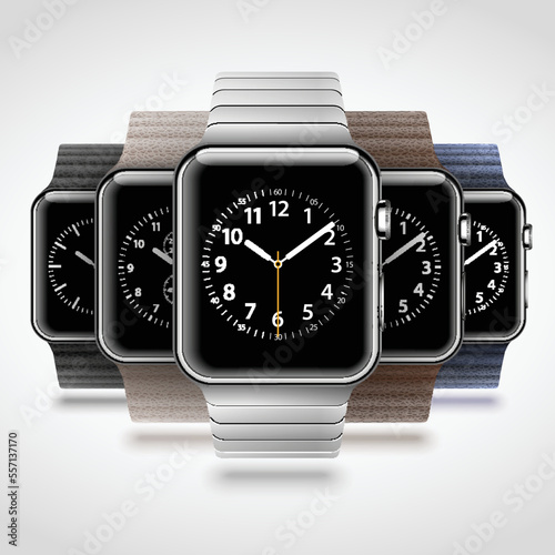 Set of 5 modern shiny smart watches with leather loops and steel bracelet isolated on white background