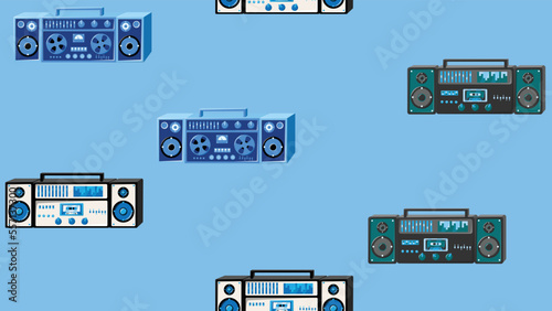 Seamless pattern endless with music audio cassette old retro tape recorders vintage hipster from 70s, 80s, 90s isolated on blue background. Vector illustration