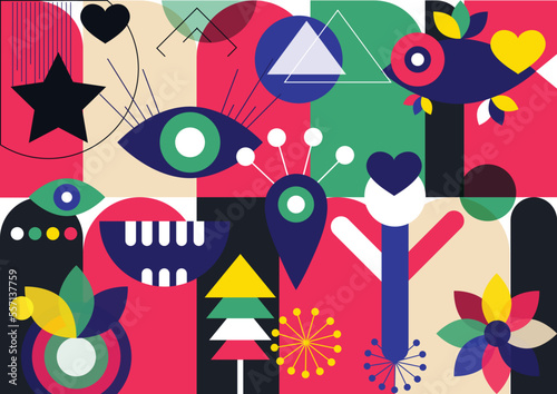 Geometric and decorative vector organic pattern design, Bauhaus art style with high contrast colors application
