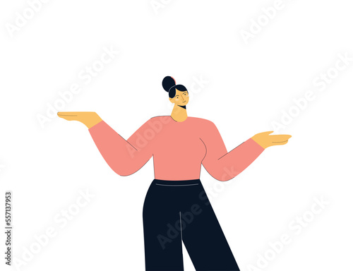 Girl throws up her hands in confusion. Woman in pleasant disbelief from an unexpected event and vector flat surprise