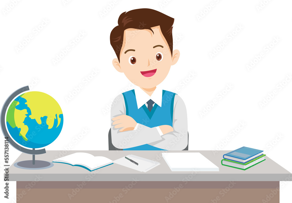 Back to school Teacher sitting at desk in classroom Back to school Teacher sitting at desk in classroom