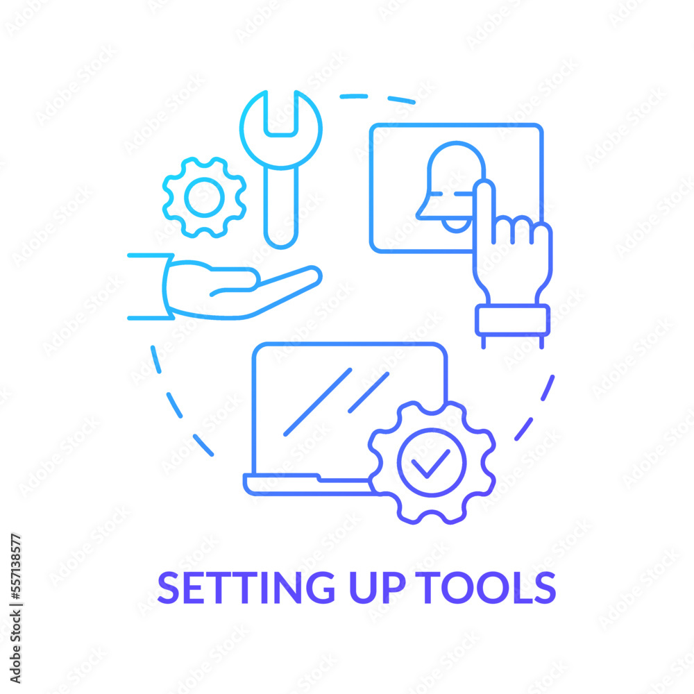 Setting up tools blue gradient concept icon. Workplace equipment. New hire customer service training step abstract idea thin line illustration. Isolated outline drawing. Myriad Pro-Bold fonts used Setting up tools blue gradient concept icon. Workplace equipment. New hire customer service training step abstract idea thin line illustration. Isolated outline drawing. Myriad Pro-Bold fonts used