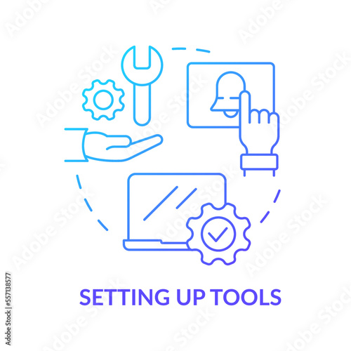 Setting up tools blue gradient concept icon. Workplace equipment. New hire customer service training step abstract idea thin line illustration. Isolated outline drawing. Myriad Pro-Bold fonts used