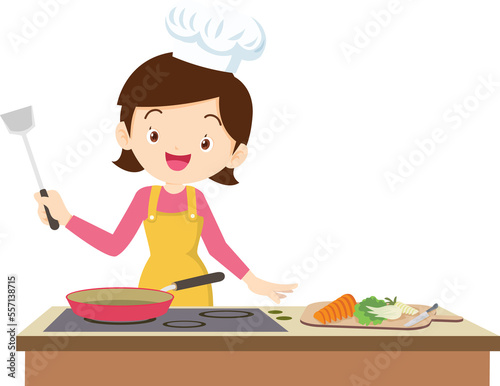 woman chef cartoon present cooking in the kitchen