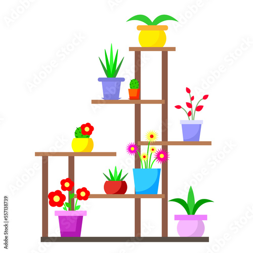 bright vector illustration of a shelf with flowers, house plants, flower pots, hand drawing