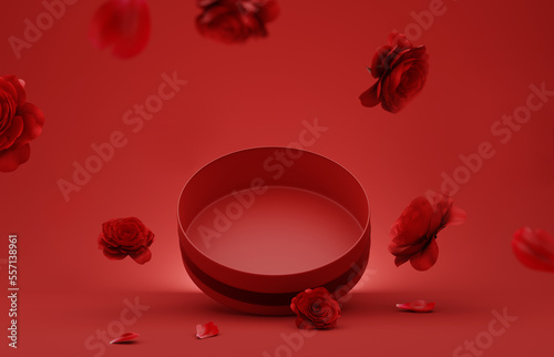 3D podium, display, background. Red flower, rose falling petals. Open gift box. Luxury surprise. Cosmetic product presentation. Abstract, love, valentines day or woman's day. 3D render birthday mockup