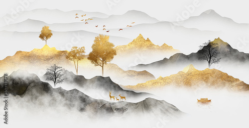 Golden mountains in the distance, forest, sunlight. Traditional oriental ink painting. Ink artwork, landscape, watercolor