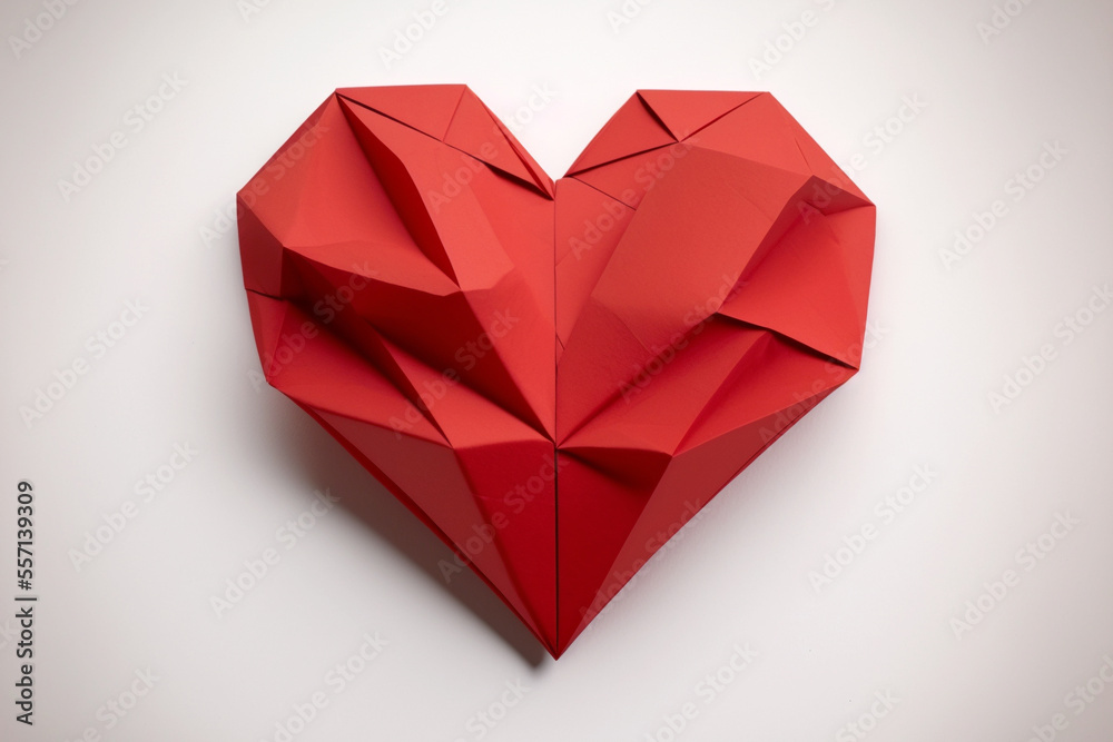 Heart. Love background. Red paper origami heart on white background. Valentine card - obrazy, fototapety, plakaty 