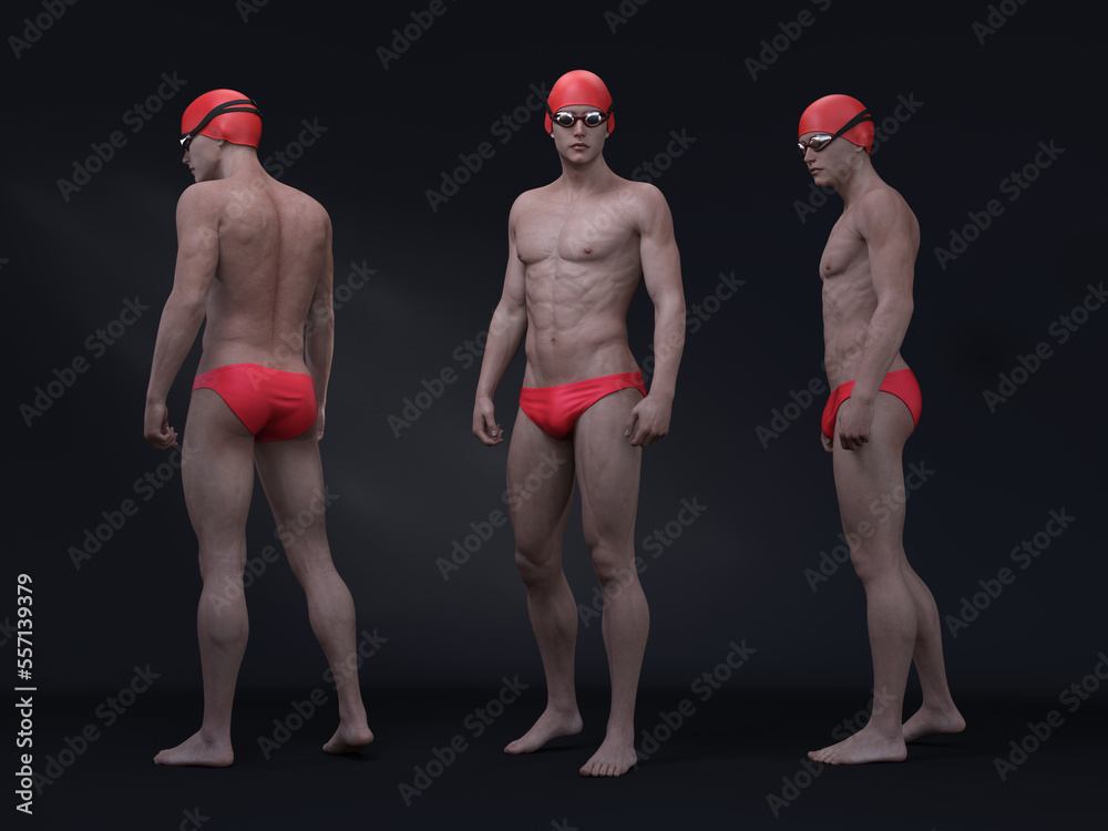 Obraz premium 3D render : Portrait of male swimmer model with good physical shape wearing stylish swimsuit, swim cap and goggles, swimwear fashion design concept