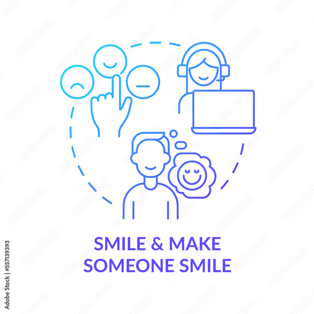 Make someone smile blue gradient concept icon. Maintain positive attitude in customer service abstract idea thin line illustration. Isolated outline drawing. Myriad Pro-Bold fonts used Make someone smile blue gradient concept icon. Maintain positive attitude in customer service abstract idea thin line illustration. Isolated outline drawing. Myriad Pro-Bold fonts used