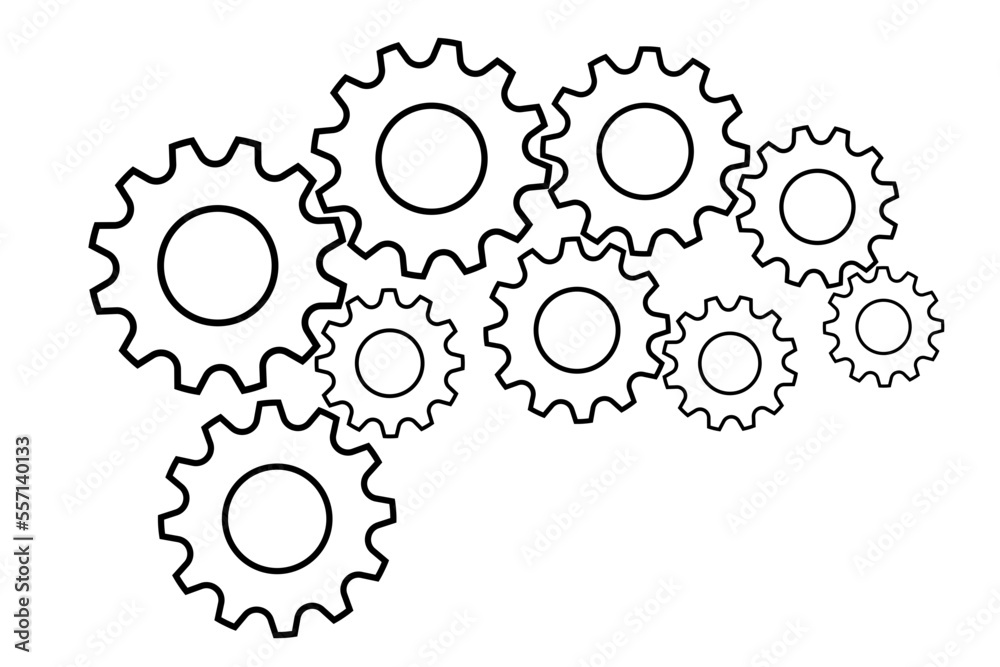 Black gear wheel icons on white background. outline gears and cogs