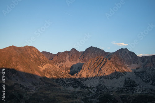 Pyrenean mountain ranges illuminated by the sunset at Pas-De-La-Case