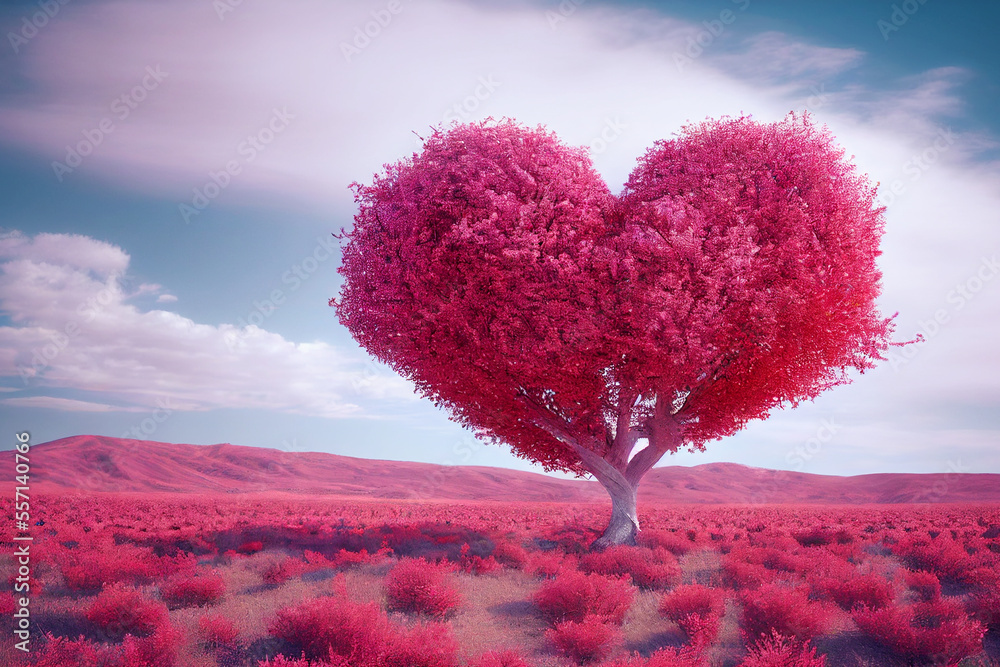 Heart tree. Red heart shaped tree. Valentine background. Love