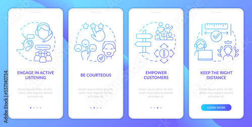 Call center customer service work blue gradient onboarding mobile app screen. Walkthrough 4 steps graphic instructions with linear concepts. UI, UX, GUI template. Myriad Pro-Bold, Regular fonts used