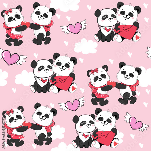 Cute cartoon panda couple concept for valentine's day and birthday with heart on a pink background seamless pattern. Vector cartoon illustration in kawaii style