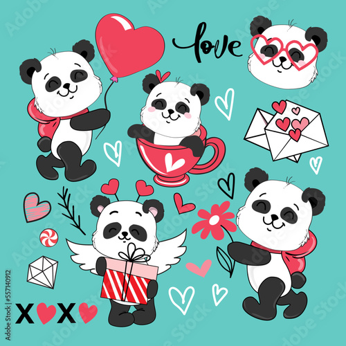Fototapeta Naklejka Na Ścianę i Meble -  Draw cute baby panda, hearts and gift box in kawaii doodle style. Valentine's Day card. Vector cartoon illustration stickers collection