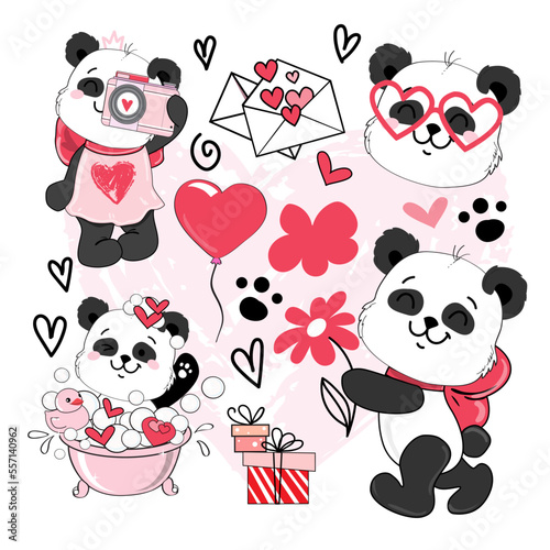 Fototapeta Naklejka Na Ścianę i Meble -  Draw cute panda set in kawaii style. Valentine's Day card. Vector illustration cartoon doodle style for children